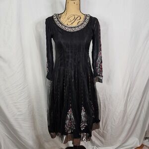 RIVAZ Size XS Black & Silver Rhinestone Scoop Neck Sheer Formal Indian Dress EUC